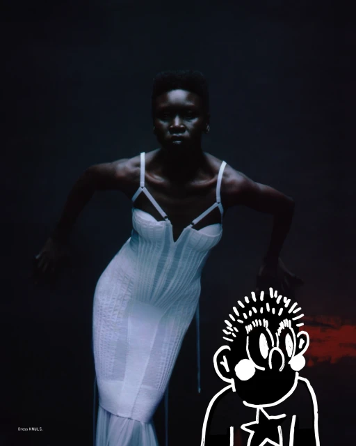 An African woman poses in a long white dress in a dark photo studio setting. The image also features a stylized cartoon character.