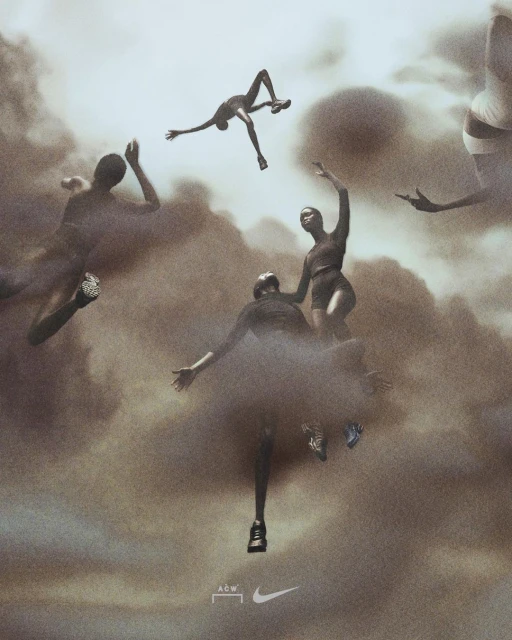 Artistic fashion ad features a group of models posing in a dust cloud, showcasing sportswear and shoes with A-COLD-WALL* & Nike logos.