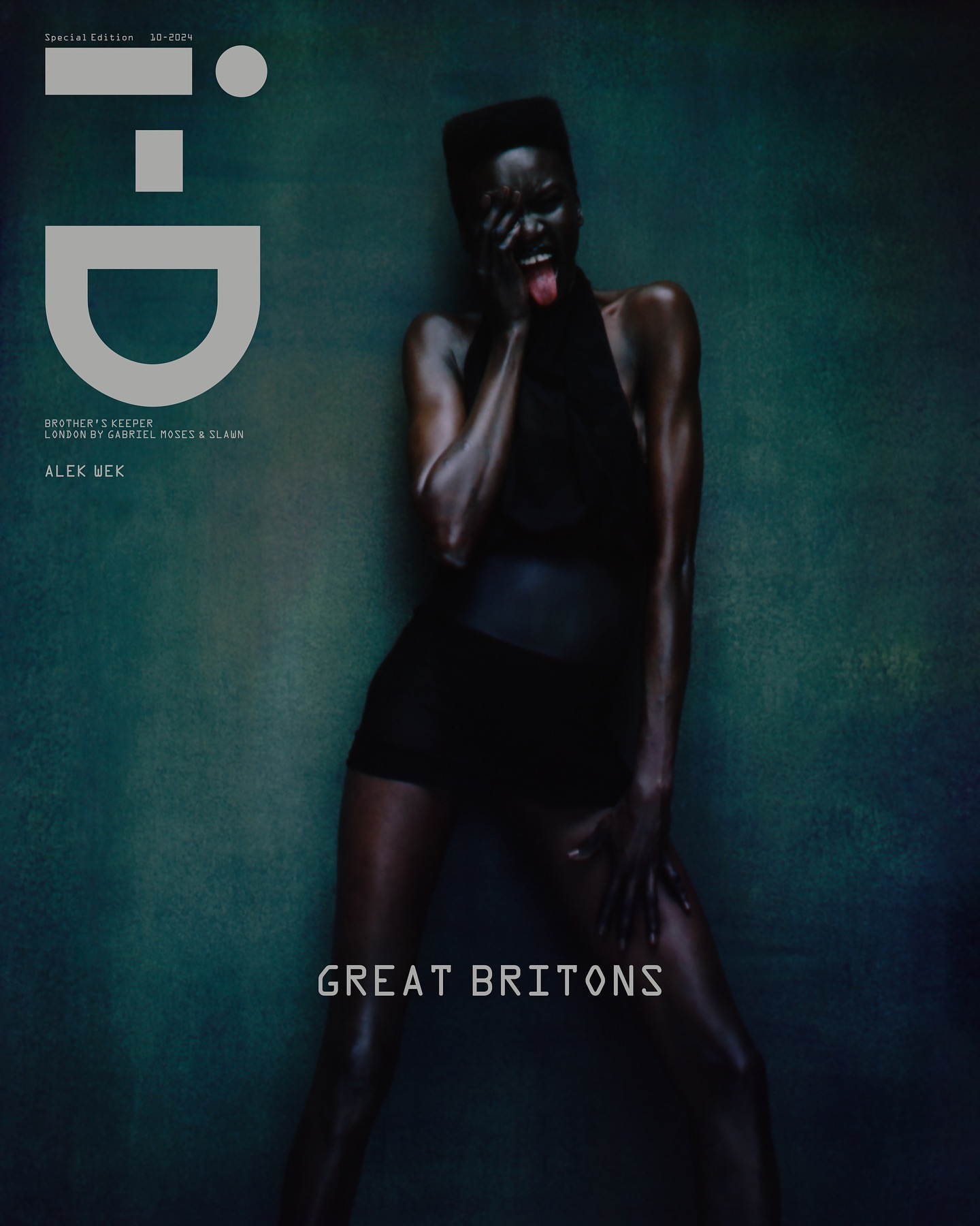 Magazine cover featuring a Black female model in black attire posing with her tongue out against a textured teal background.