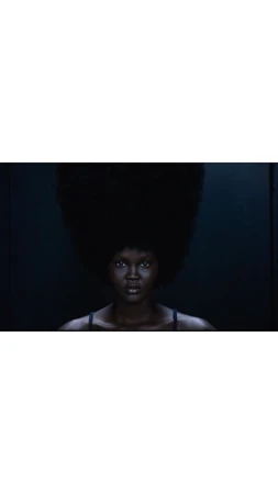 Dark-skinned woman gazes at the camera with a serious expression, large natural hairstyle, and dark backdrop, evoking drama and elegance.