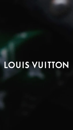 Louis Vuitton logo displayed in white sans serif capital letters against a dark moody blurred background.