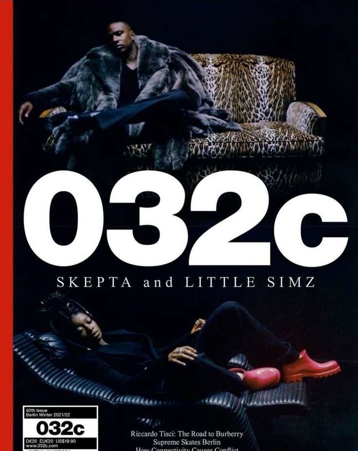 Magazine cover features two hip-hop artists: one in a fur coat seated on a leopard print chair, the other lying on a bench.