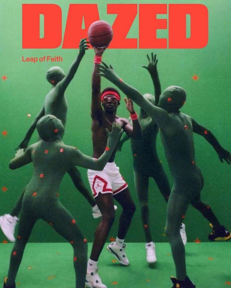 A magazine cover featuring a basketball player leaping surrounded by green-suited figures, with the title 'DAZED' in bold red letters.