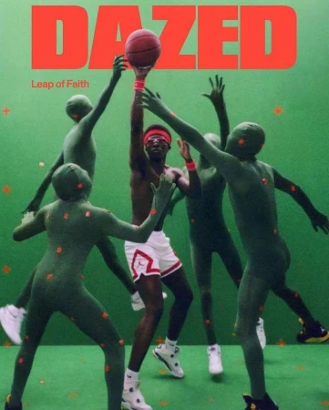 A magazine cover featuring a basketball player leaping surrounded by green-suited figures, with the title 'DAZED' in bold red letters.