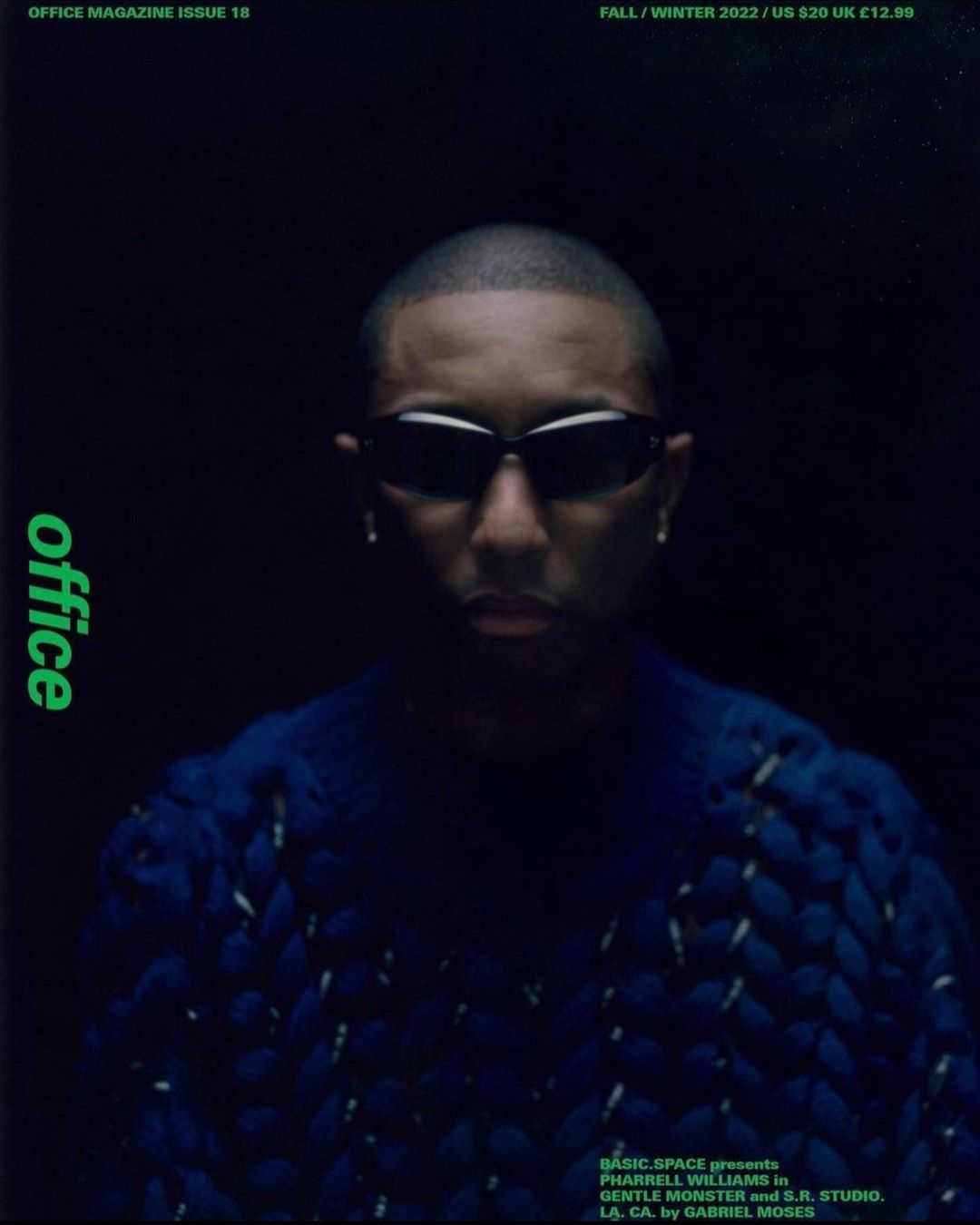 Pharrell Williams magazine cover in blue knit sweater and black sunglasses against a dark backdrop with green Office logo.