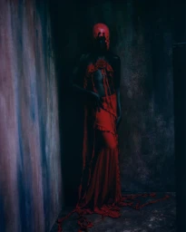 Model in red dress with molten headpiece standing in dim moody corner by Gabriel Moses