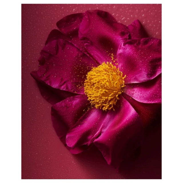 Close-up photograph of a vibrant magenta flower with a bright yellow center, highlighted with droplets of water, set against a textured background.