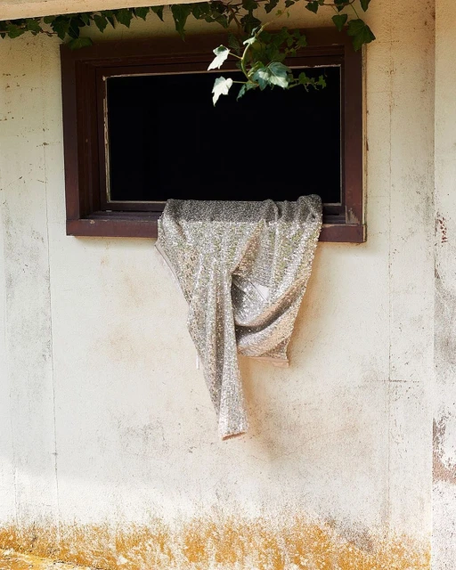Close-up of a silver sequined gown draped over a dark-framed window in a weathered cream-colored wall, illuminated by soft, natural light.