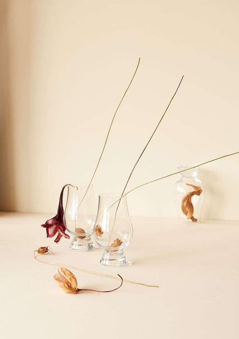 Botanical still life with dried flowers in clear glass vessels on a light beige background featuring tan, brown, and burgundy hues.
