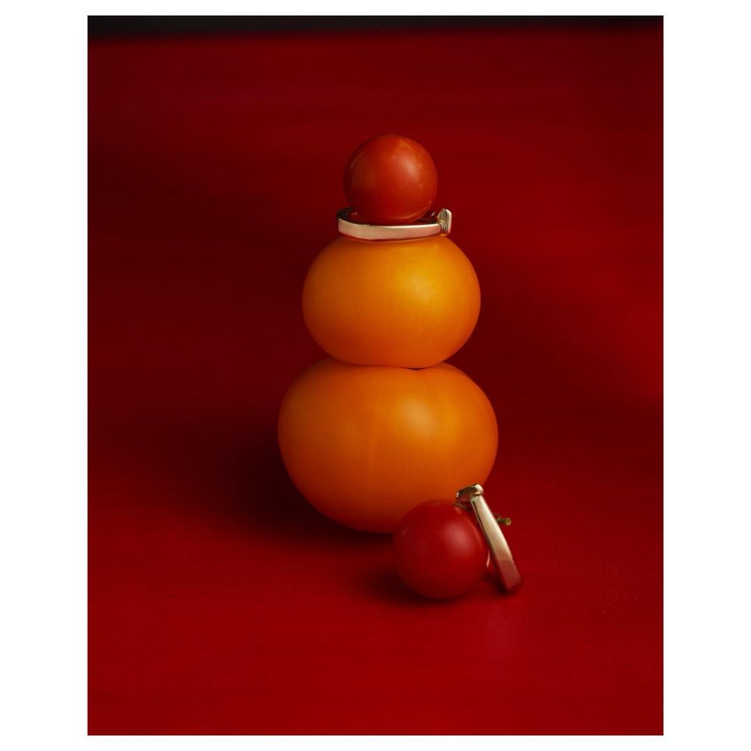 Stack of produce featuring tomatoes and oranges on a red background, product photography, still life.
