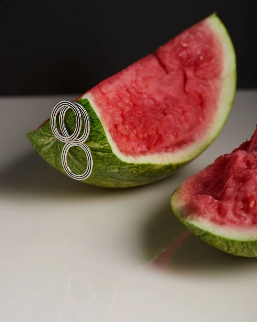 A slice of fresh watermelon is showcased with circular decorations against a contrasting dark background on a reflective surface.