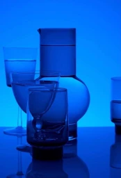 Collection of glass carafes and water glasses arranged on a reflective surface under intense blue lighting.
