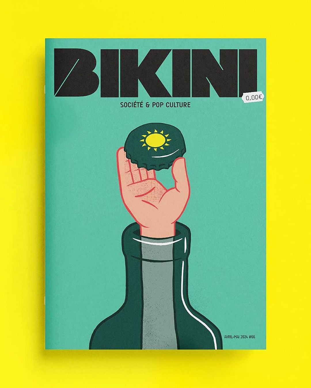 Bikini Magazine cover featuring a bottle cap held over a bottle, rendered in a flat, graphic style with teal, green, and yellow tones.