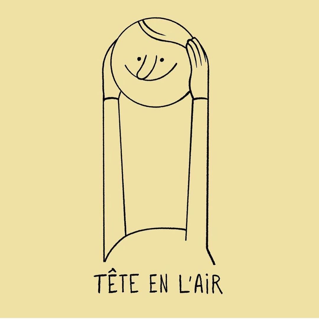 Illustration of a person with a round head touching it with both hands, on a light yellow background. Text reads: 'Tête en l'air'.