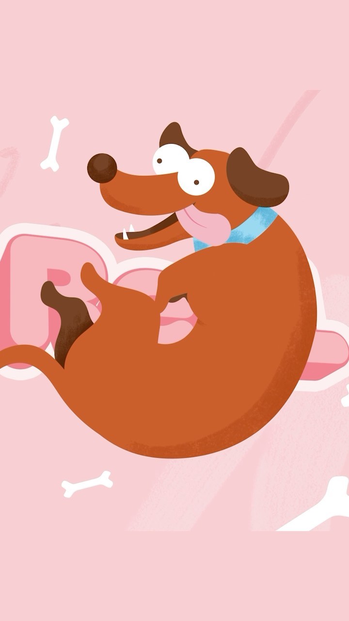 Cartoon illustration of a cheerful brown dog rolling on its back with bones and lettering against a pink background.