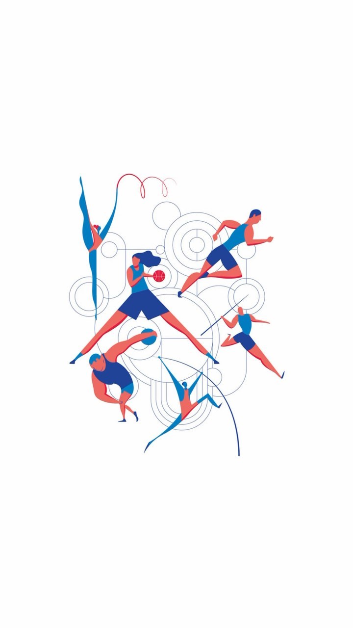 Illustration of various sports activities including gymnastics, boxing, running, javelin, basketball, and pole vaulting on a white background.