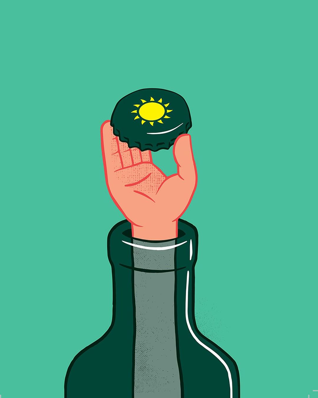 Illustration of a hand holding a bottle cap featuring a sun design over an opened green bottle against a teal backdrop.