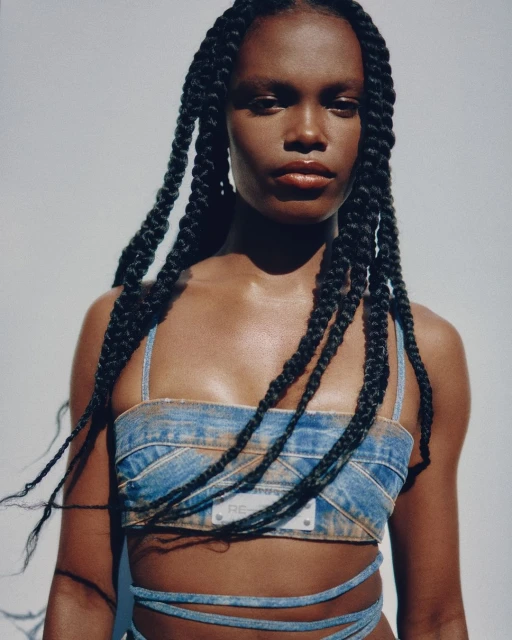 Fashion portrait of a woman with long braided hair wearing a denim top with a serious facial expression against a white background.
