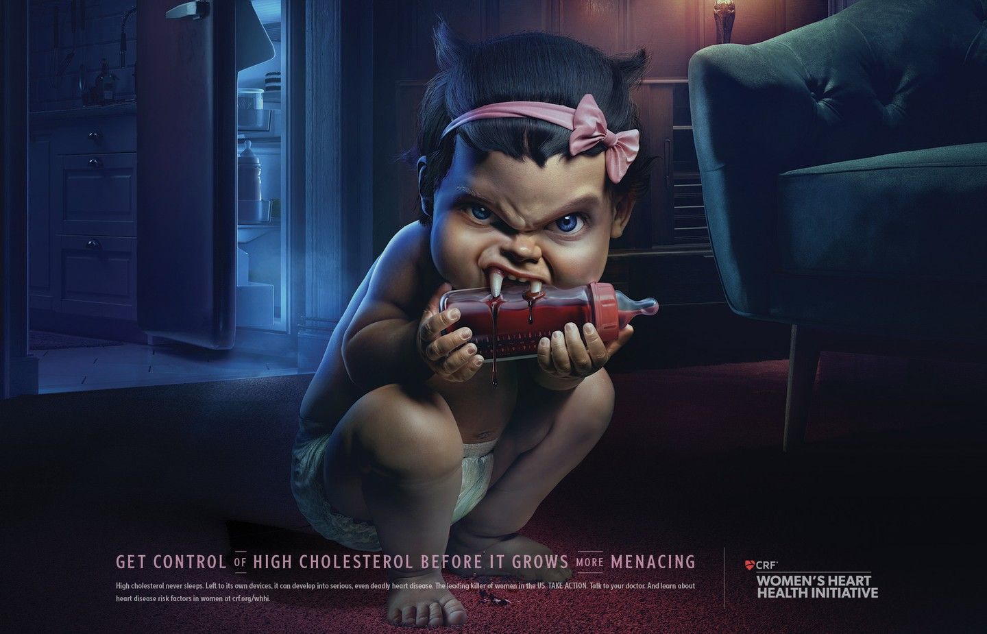 An illustrated advertisement featuring a baby with vampire teeth and a menacing expression, holding a bottle of red liquid. Health Initiative ad.