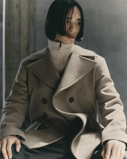 An adult male with dark hair poses indoors wearing a tan double-breasted pea coat over a cream-colored turtleneck sweater, fashion portrait.