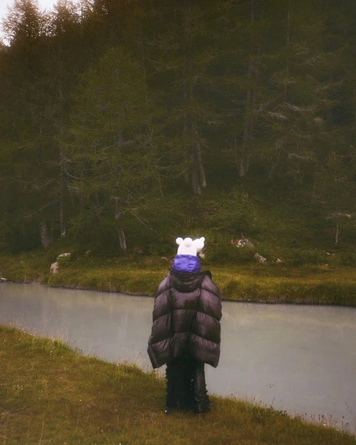 Person in oversized puffer jacket and animal hat stands by blue-gray river with forest background on an overcast day in nature.
