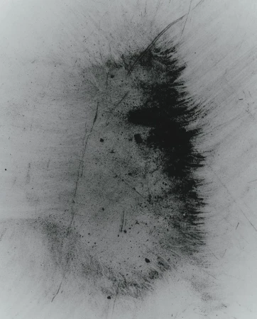 Monochrome abstract art image featuring a central dark smoky formation on a textured light background, creating a striking contrast.