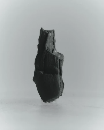 Monochromatic shot of a textured, irregularly-shaped charcoal piece against a gradient gray backdrop, highlighting its unique form.