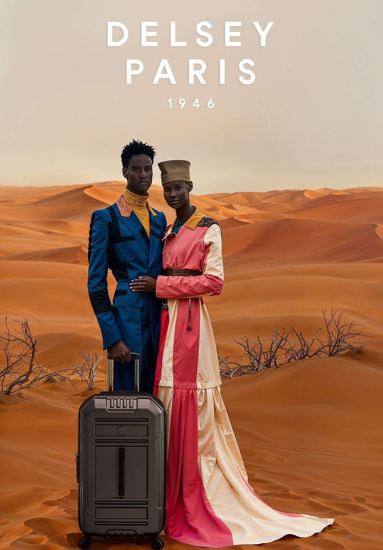 Two models pose with luggage in a desert landscape for a Delsey Paris ad, showcasing a modern, high-fashion travel concept.