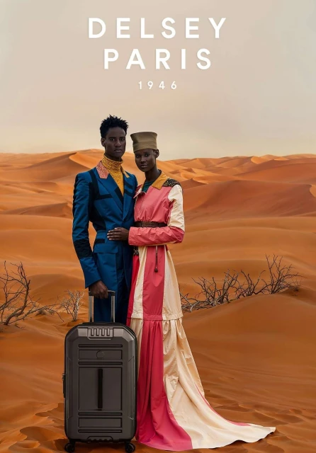 Two models pose with luggage in a desert landscape for a Delsey Paris ad, showcasing a modern, high-fashion travel concept.