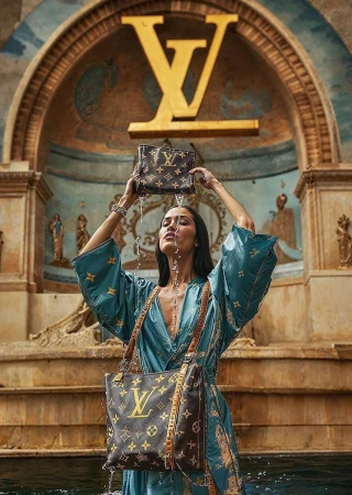 Woman poses in a fountain wearing a blue robe holding a Louis Vuitton bag and pouch in front of a large LV logo backdrop.