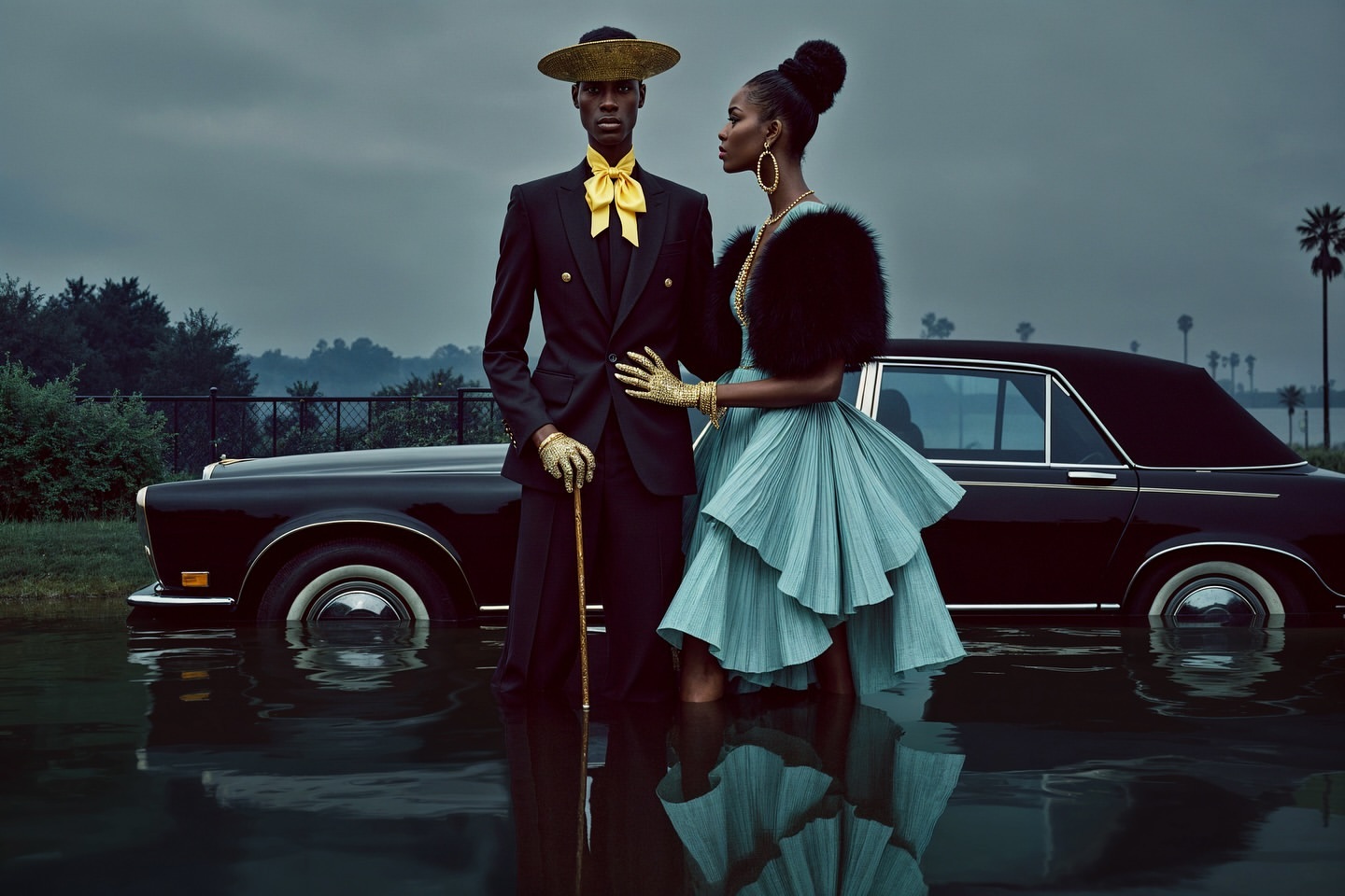 Fashionable couple in elegant attire stands in water near a vintage car, showcasing a blend of high fashion and a surreal environment.