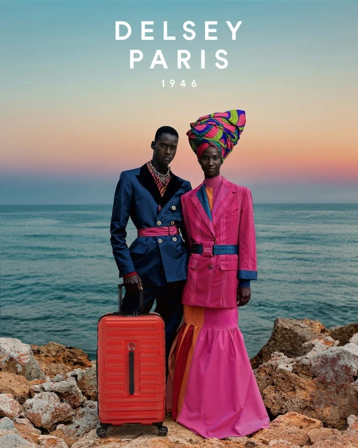 Fashionable couple in front of ocean with Delsey luggage. Man wears blue suit, woman wears pink blazer and colorful head wrap.