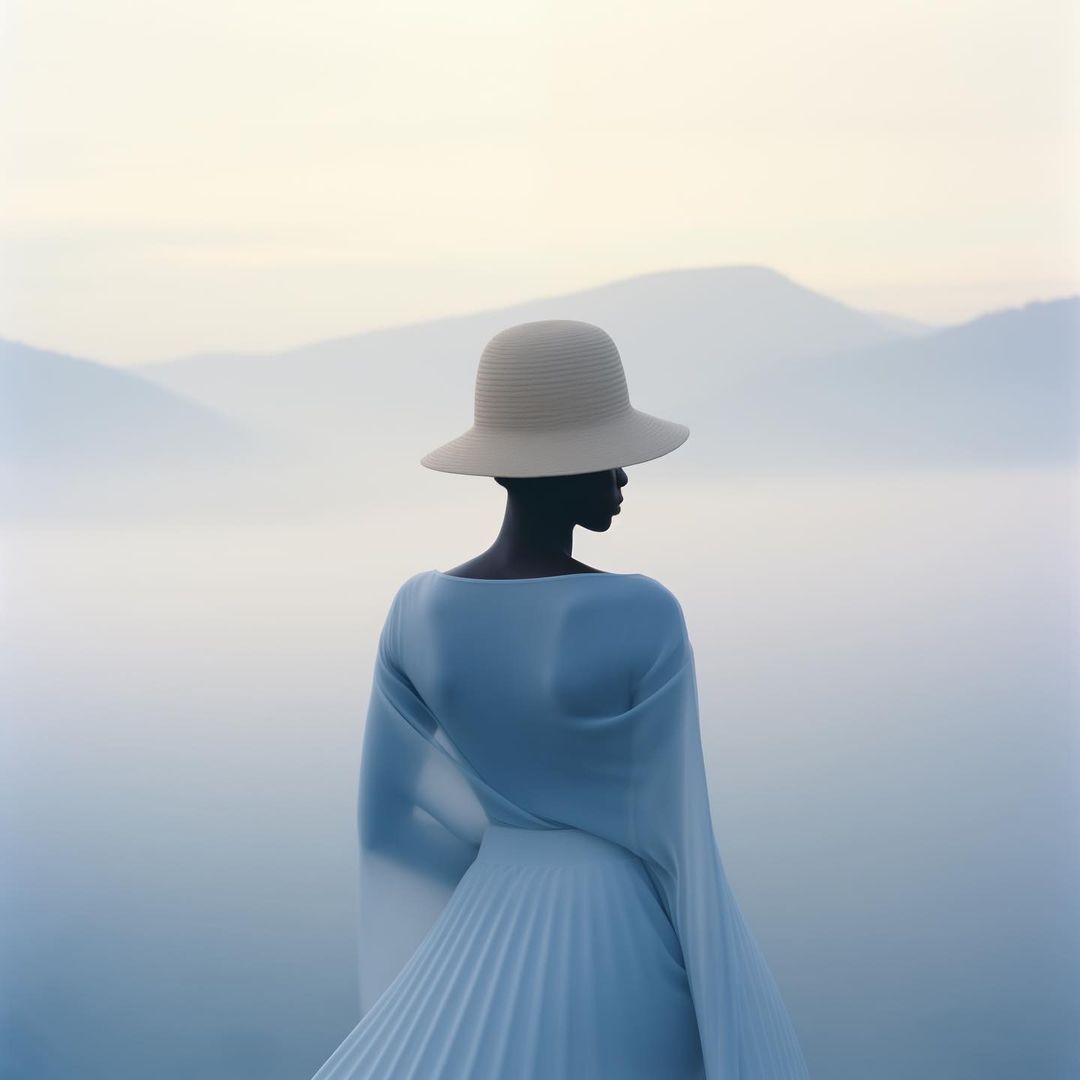 Black woman in elegant white dress and hat stands facing away in a misty landscape with mountains and a lake, in a studio shot.