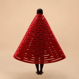Rear view of a person wearing a structured red conical cape with horizontal slit patterns against a solid beige studio backdrop.