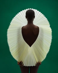 Black person holding a large circular white pleated paper ruff collar against a solid dark green background