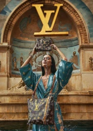 Woman in teal robe standing in water holding two monogram handbags with water pouring over them