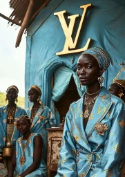 Black woman in a blue patterned coat with gold monogram print posing in front of a blue building with a gold LV logo by Gavin Goodman