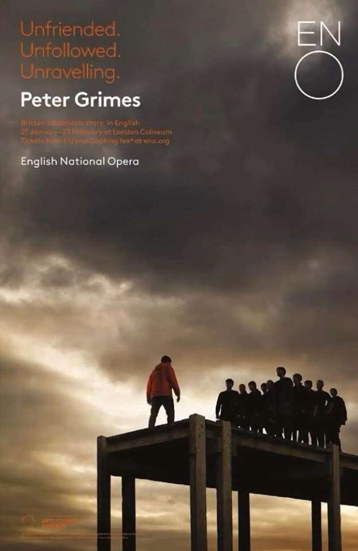 Poster for English National Opera's production of Peter Grimes: a group of figures standing on a platform against a cloudy sky.