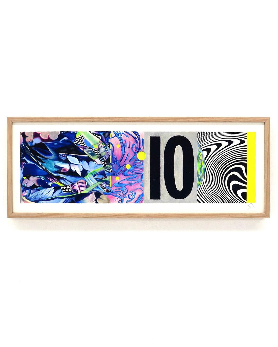 Framed abstract mixed media art features floral motifs, geometric shapes, and the number 10 in black and white.