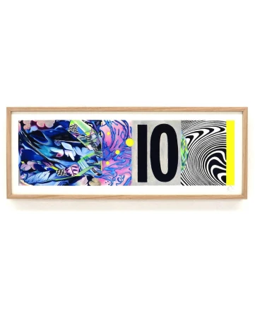 Framed abstract mixed media art features floral motifs, geometric shapes, and the number 10 in black and white.