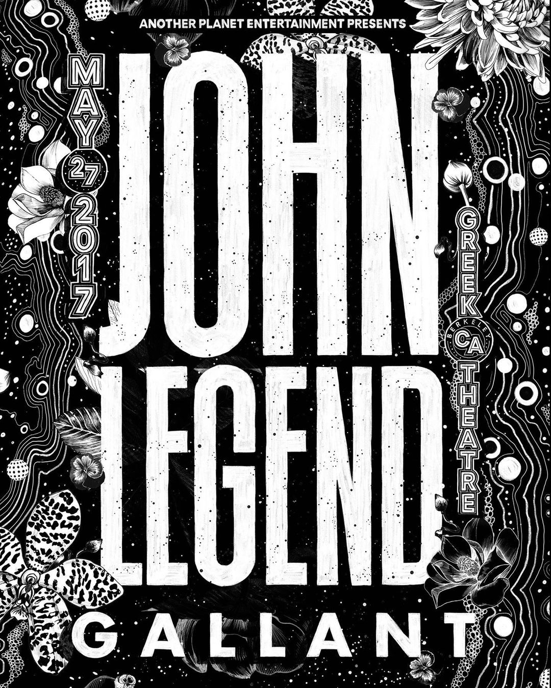 Concert poster featuring John Legend and Gallant with decorative floral elements, set against a black background. Event date is May 27, 2017.