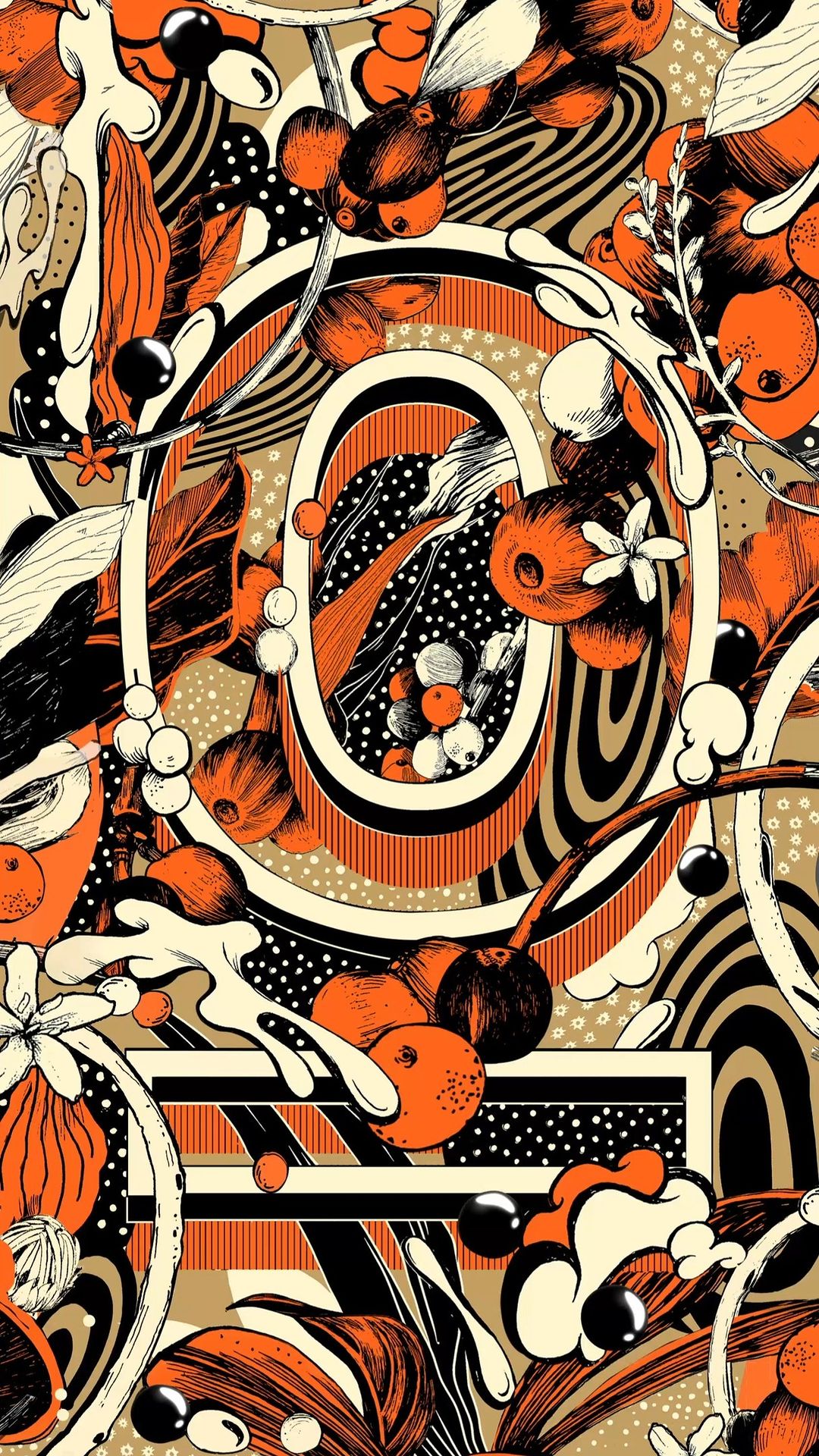 Abstract, vibrant pattern featuring oranges, leaves, flowers, and intricate lines, creating a surreal and decorative digital artwork.