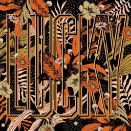 Detailed botanical illustration with bold typographic lettering reading LUCKY amidst layered leaves and flowers.