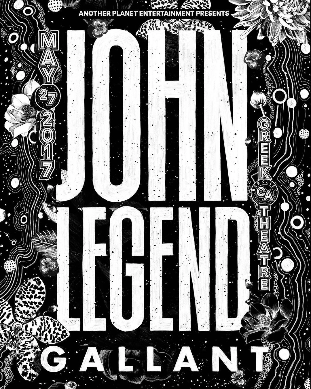 Black and white concert poster featuring intricate botanical illustrations and bold typography by illustrator Gemma OBrien.
