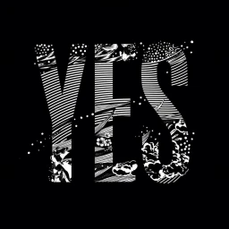 Monochrome typographic illustration spelling YES with intricate botanical and abstract patterns inside the letterforms.