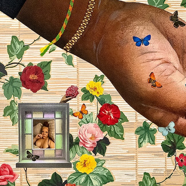 Collage with a close-up of an arm, colorful bracelets, and butterfly stickers, set against a background of flowers, leaves, and a window with a portrait.