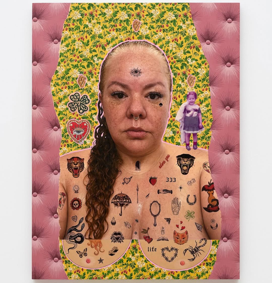 Digital art of a woman with tattoos and a third eye posing against a pink tufted background with floral wallpaper and a baby image.