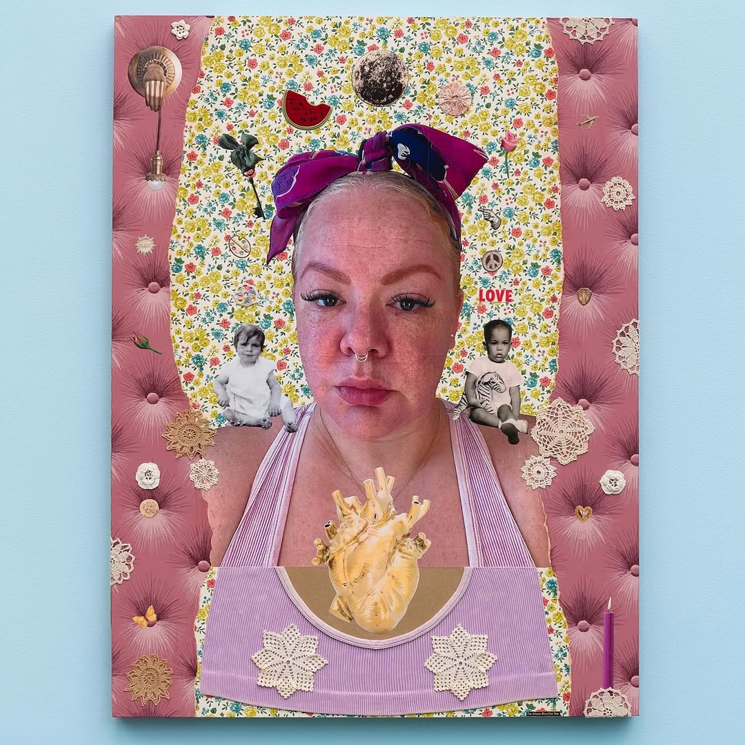 Collage portrait of a woman with a floral headscarf and anatomical heart, set against a colorful backdrop of floral and buttoned patterns.