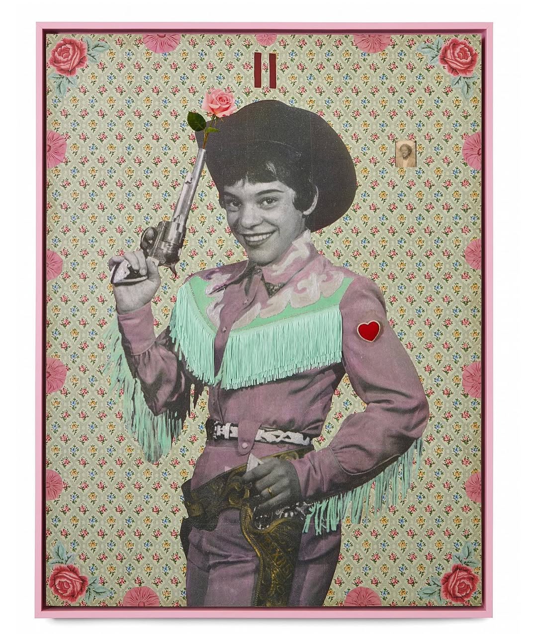 Collage of a young person in a cowboy hat and outfit holding a gun, set against a floral backdrop, framed in pink.