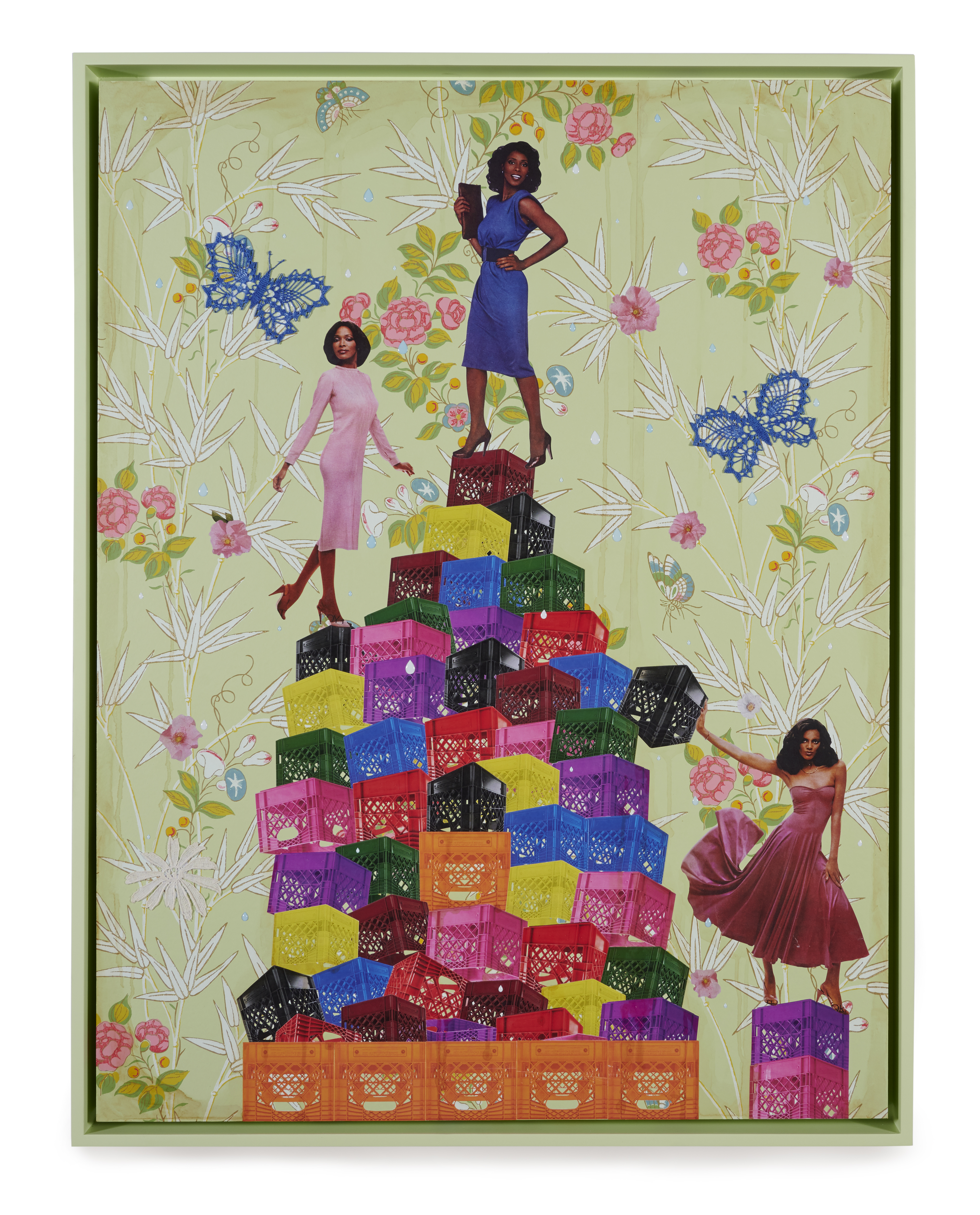Collage of three African American women in dresses standing and posing on a stack of colourful crates against a light green floral background.